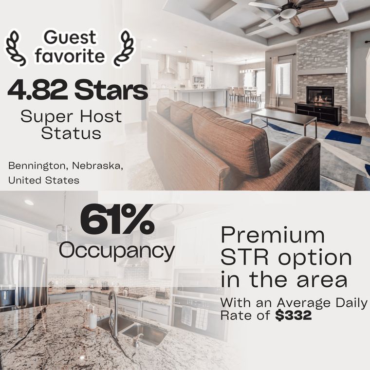 Eino, Bennington, Nebraska. Superhost at 61% occupancy on a $332 average daily rate